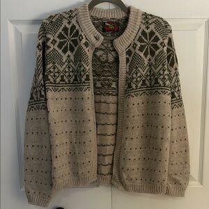 Wool Beige and Olive Patterned Knit Cardigan Sweater